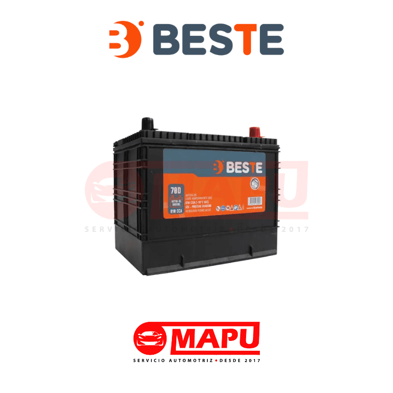 Imagen de Batería BESTE 12V 70Ah – 610CCA, con polaridad (+ -) / positivo izquierdo, ideal para arranque confiable y uso diario.