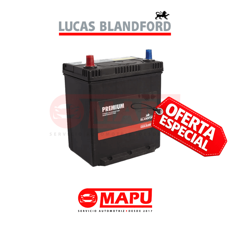 Imagen de Batería Lucas Premium 12V 35Ah – 350CCA, libre de mantención, con borne estándar/grueso y polaridad (+ -) / positivo izquierdo. Ideal para autos con demanda eléctrica normal y arranque confiable en uso diario.