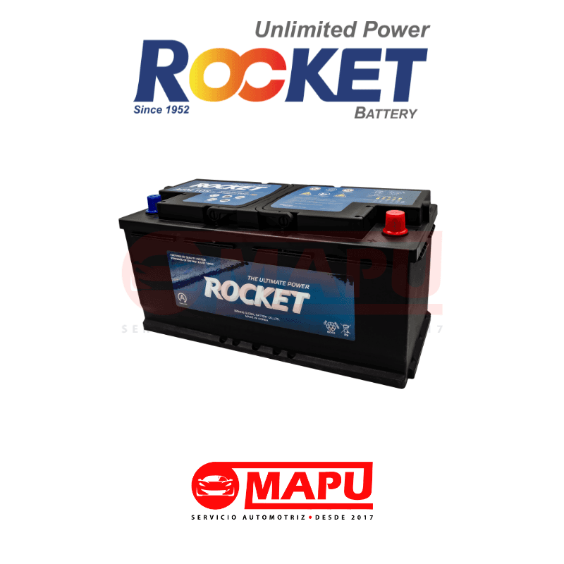 Imagen de Batería ROCKET AGM 12V 105Ah – 950CCA (EN) para vehículos Start-Stop y alta demanda eléctrica. Potencia de arranque superior y carga rápida, con polaridad (− +) / positivo derecho.