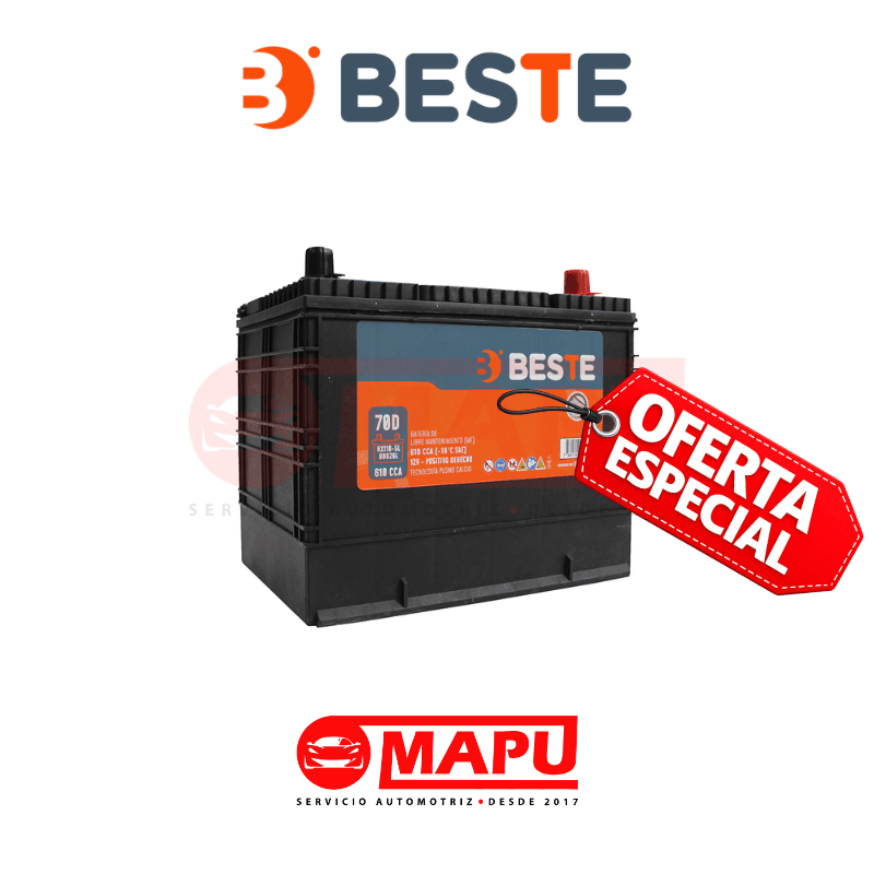 Imagen de Batería 12V 70Ah – 610CCA, libre de mantención, formato NX110-5L / 80D26L con pestaña inferior. Configuración (− +) / positivo derecho, ideal para un arranque confiable en uso diario.